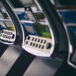 Close-up of slot machines in a casino setting